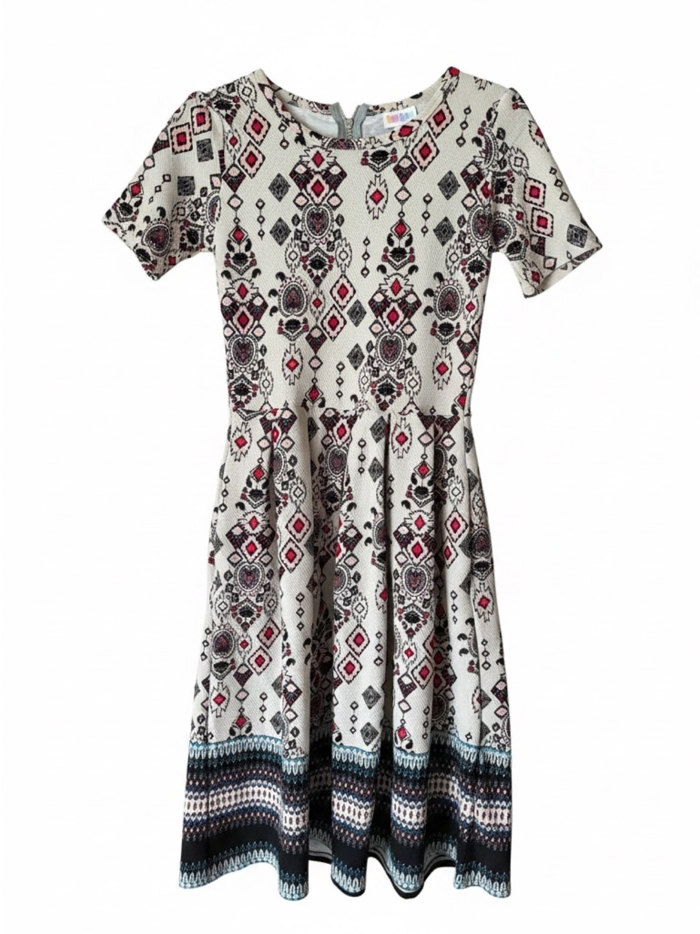 Lularoe Cream Patterned Fit & Flare Dress with Red & Black Accents